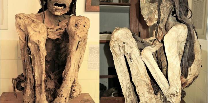 Twee foto's van een van de mummies. In zittende houding begraven.