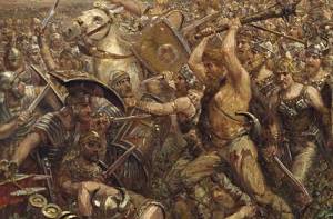 Schilderij van Romeins Germaanse veldslag uit 1909.