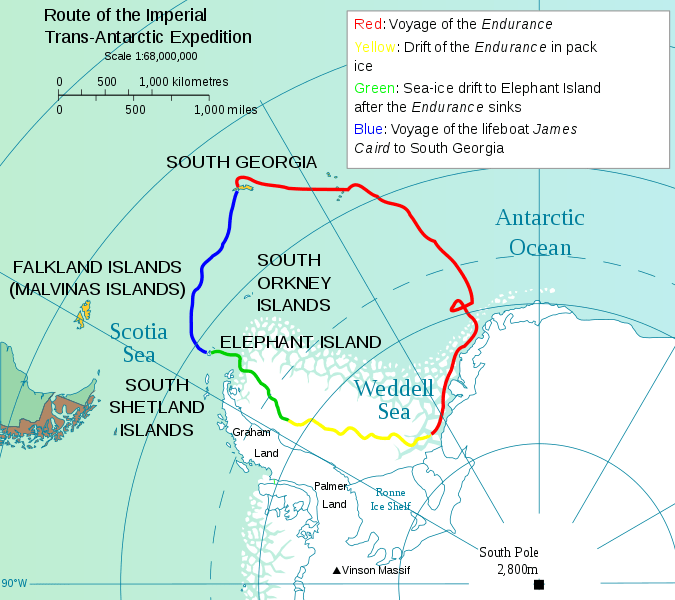 De route die Shackleton en (een deel van) zijn bemanning hebben afgelegd
