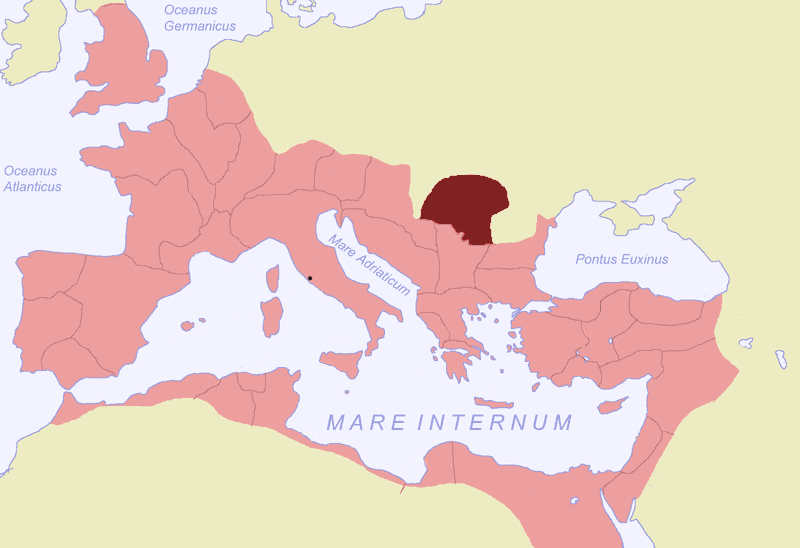Kaart van Romeins Dacië in het jaar 116 (donkerrood)
