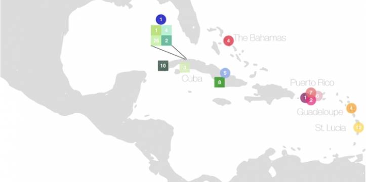Kaart van de Cariben met herkomstlocaties van oud-DNA-monsters (door Kathrin Nägele)