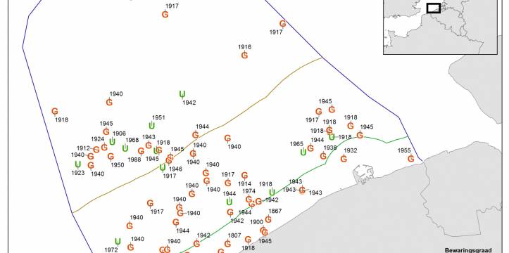 Locaties van de scheepswrakken in het Belgische deel van de Noordzee