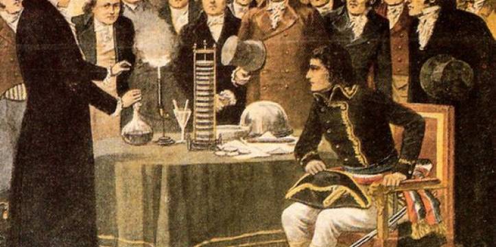 Allessandro Volta toont zijn batterij aan Napoleon Bonaparte