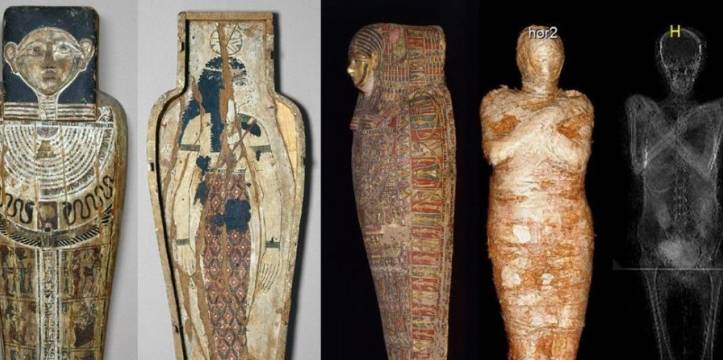 De kist waarin de mummie is aangetroffen, de mummie zelf en een röntgenscan.