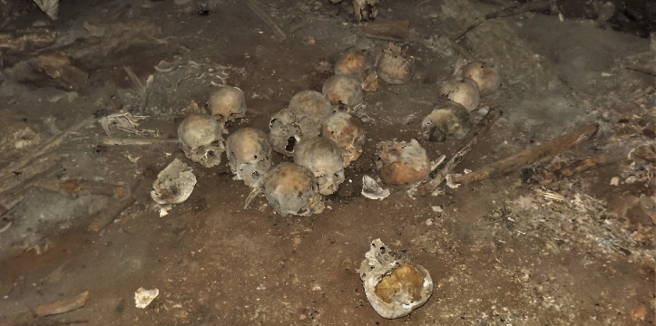 Een aantal van de gevonden schedels, in de grot in Chiapas.