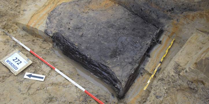 Resten van de in Warnsveld ontdekte ingegraven eikenhouten bak uit de vroege ijzertijd