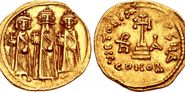 Een Byzantijnse solidus uit 638, vegelijkbaar met de gevonden munten
