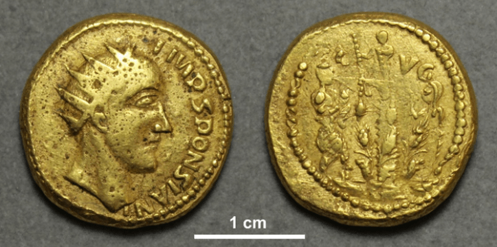 Een van de munten met de beeltenis van Sponsianus, die volgens nieuw onderzoek vermoedelijk wel degelijk authentiek is
