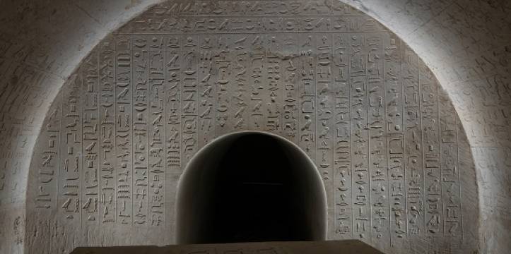 De noordelijke muur van de tombe met de slangenspreuken