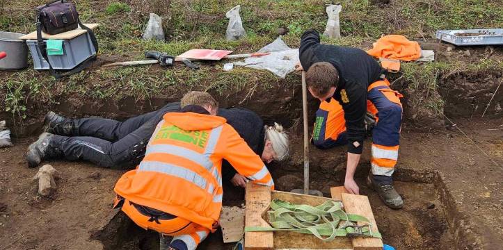 De archeologen vonden de Romeinse helm en maliënkolder nabij Hedensted.