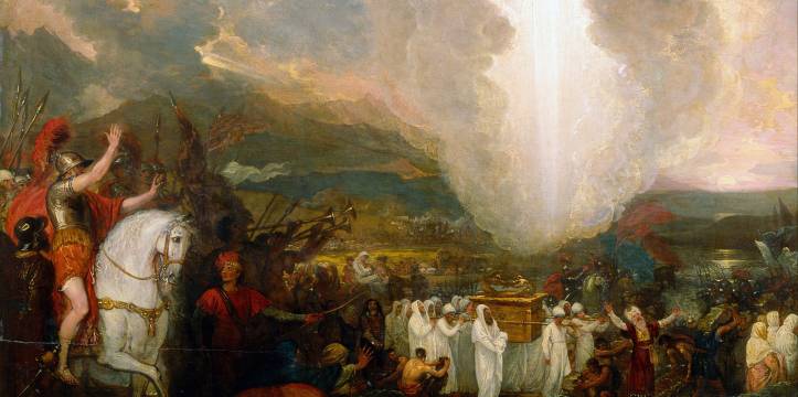 Joshua steekt de rivier de Jordaan over met de ark van het verbond