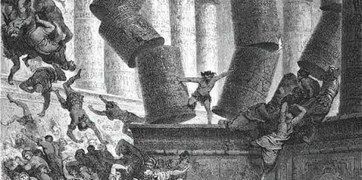 Afbeelding van hoe Samson de tempel van Dagan verwoest. In Israël is een zegel met vermoedelijk Samson erop gevonden.