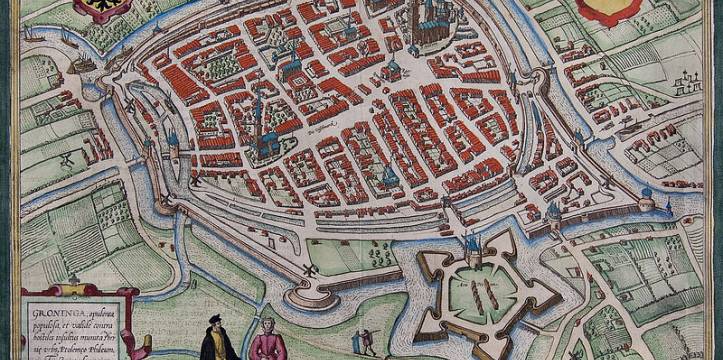 Plattegrond van de stad Groningen in 1575. Archeologische vondsten worden tentoongesteld in de binnenstad van Groningen.