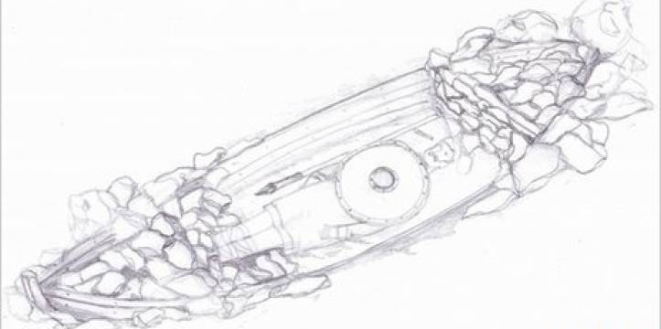 Een tekening van hoe de Viking in de boot had gelegen. © Sarah Paris Het begraven in een boot was een traditie bij de Vikingen.