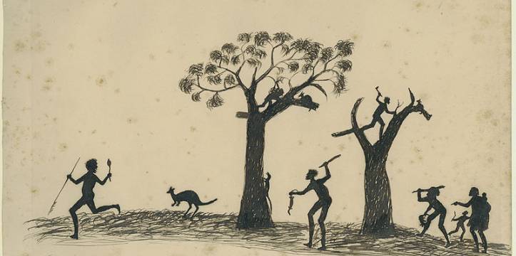 Tekening van jagende Aboriginals, door Tommy McRae