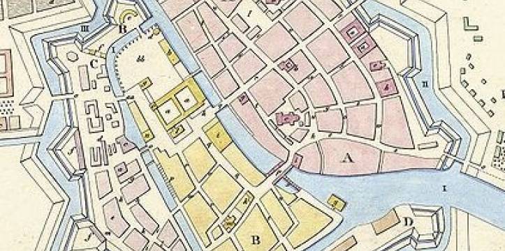 Berlijn (roze) en Cölln (geel), 17e eeuw Berlijn (roze) en Cölln (geel), 17e eeuw