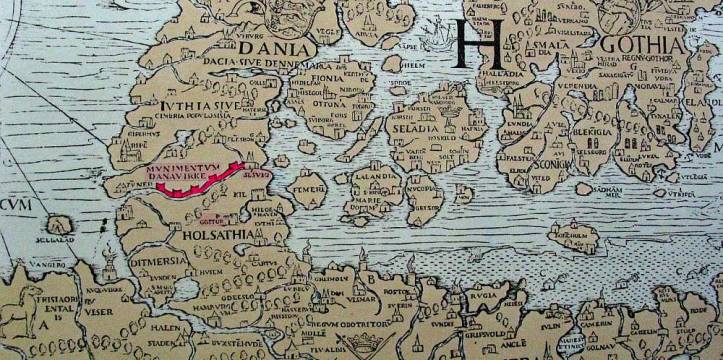 Beeld Wikipedia Commons De Danevirke op een 16e eeuwse kaart