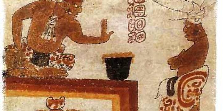 Afbeelding van vermoedelijk een Mayaans opperhoofd dat chocolade verbiedt aan een onderdaan. Chocolade werd vermoedelijk als saus gebruikt door de Maya's.