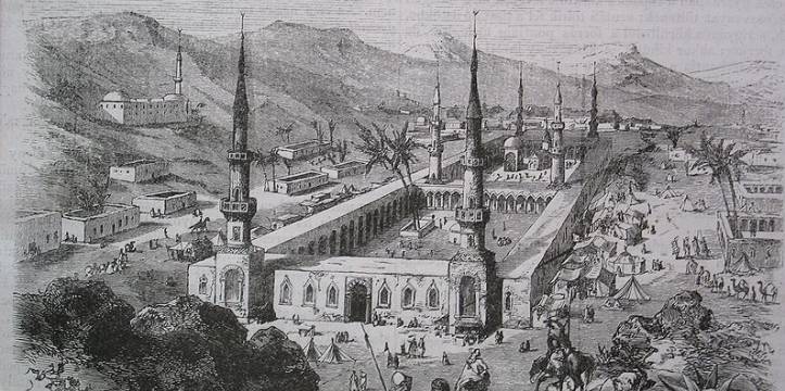Tekening van de Masjid an-Nabawi in de 19e eeuw Tekening van de Masjid an-Nabawi in de 19e eeuw