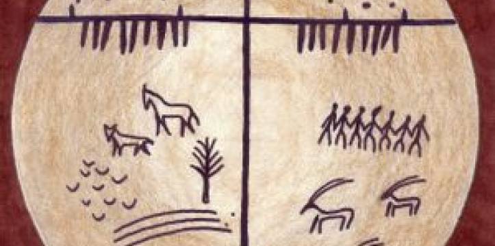 Tekeningen van een drum van een Turkse of Mongoolse sjamaan. Een Bulgaarse archeoloog wil Mongoolse sjamanen als toeristische attractie.