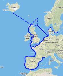 Pytheas zeilde door de Straat van Gibraltar en voer langs de westkust van Europa. Hij bereikte de Britse Eilanden, waar hij de kusten van het huidige Engeland en Schotland verkende