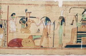Scène uit de boeken van de doden (het Egyptische museum) van de god Thoth met een ibishoofd die het laatste oordeel velt. 
