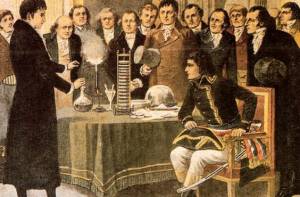 Allessandro Volta toont zijn batterij aan Napoleon Bonaparte