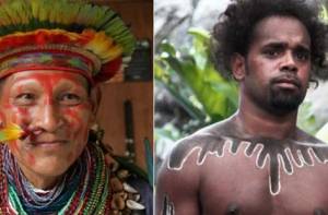 Een sjamaan uit het Amazonegebied (links) en een Aboriginal (rechts)