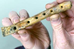 De gevonden middeleeuwse fluit. Het mondstuk ontbreekt vermoedleijk, maar verder verkeert het instrument in opmerkelijk goede staat