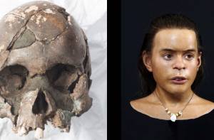 De schedel van 'Vistegutten' en de reconstructie rechts ervan