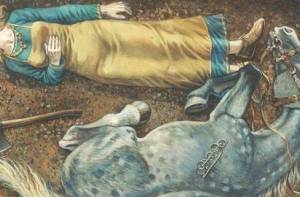 Geïllustreerde reconstructie van een graf van een vrouw en een paard