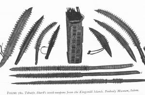 Een verzameling haaientanden-wapens van de Gilbert Eilanden.