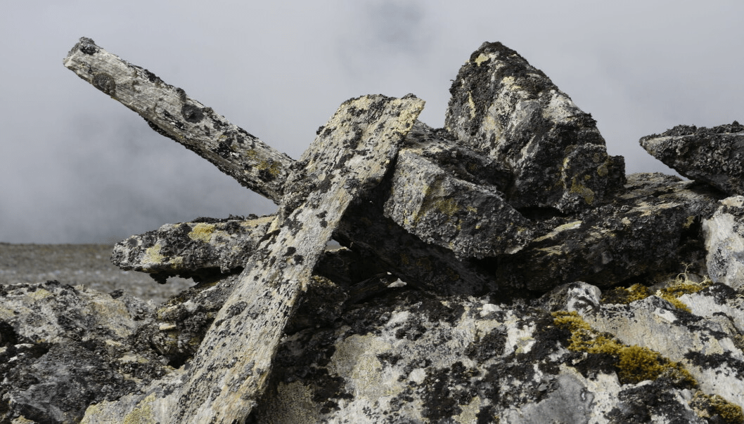 Een omgevallen steenhoop die het bergpad in Sandgrovskardet markeerde