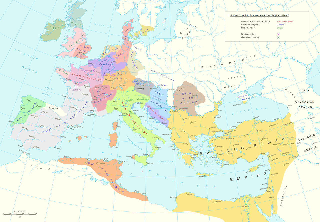 Europa bij de val van het Romeinse Rijk in 476 na Christus. Allemannië in het oranje, in het midden