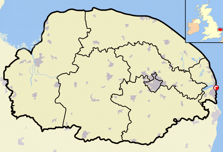 Locatie van Great Yarmouth (bij de rode cirkel) in Groot-Brittannië