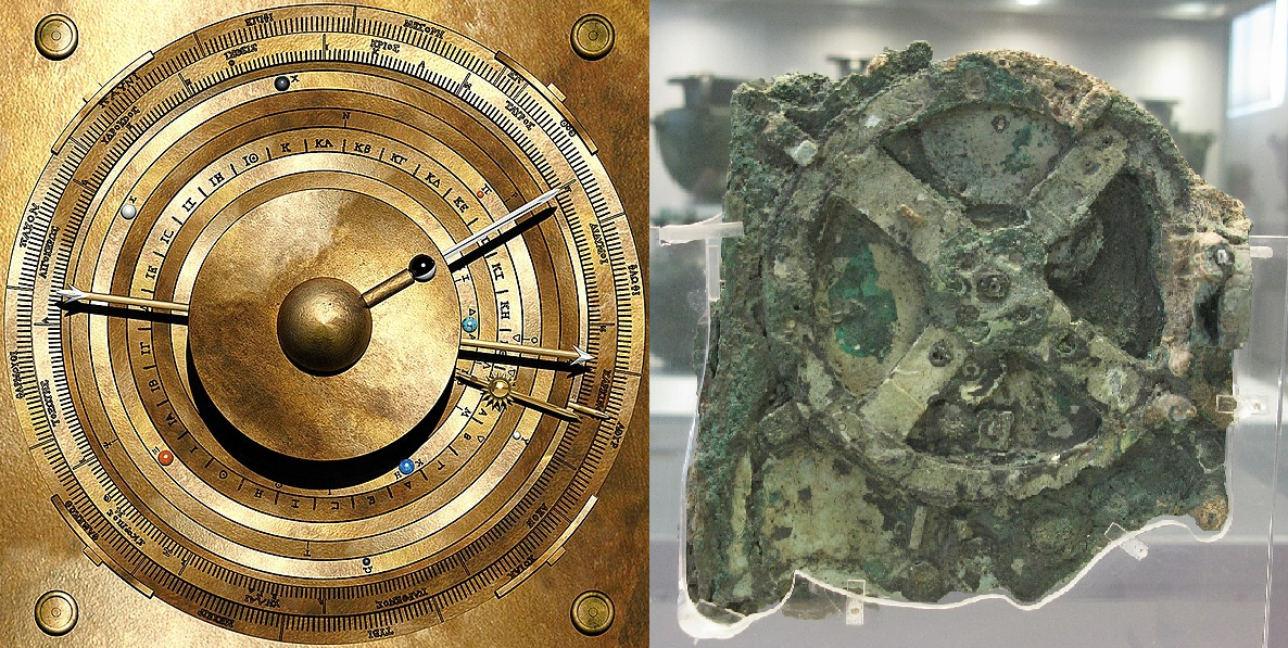Links een mogelijke reconstructie van het mechanisme van Antikythera, rechts een deel van de resten
