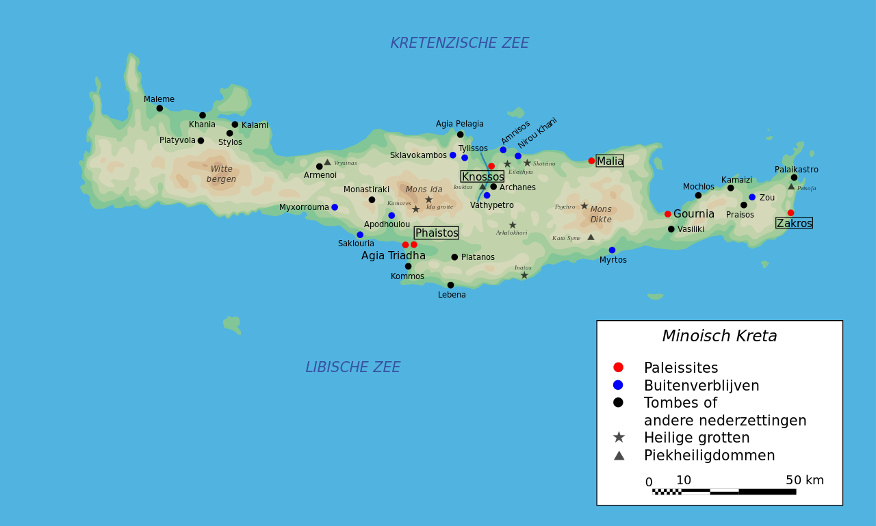Minoïsch Kreta, met de belangrijkste paleizen zwart omlijnd
