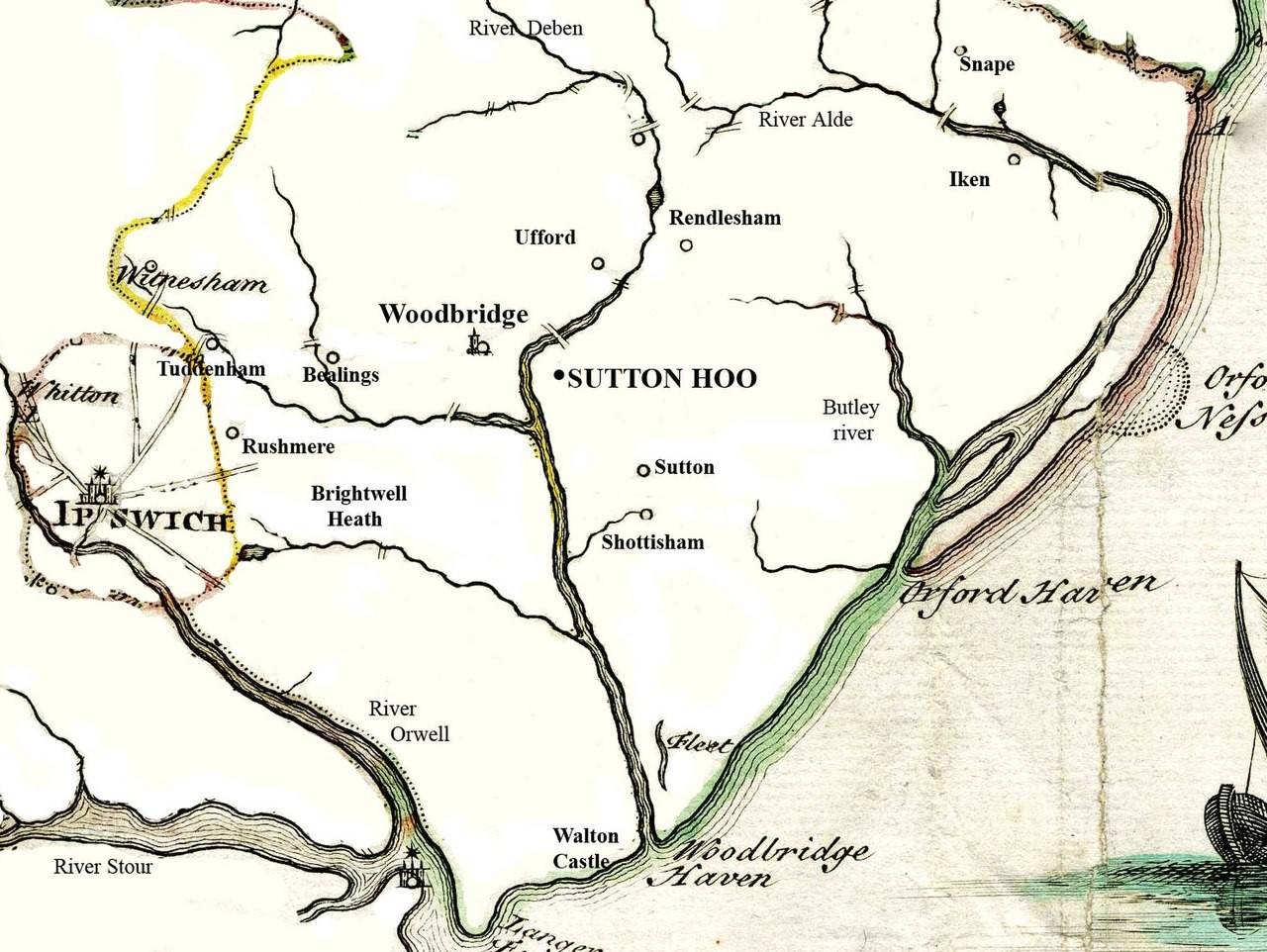 Een kaart van Sutton Hoo, met de rivier Deben links van de archeologische vindplaats.