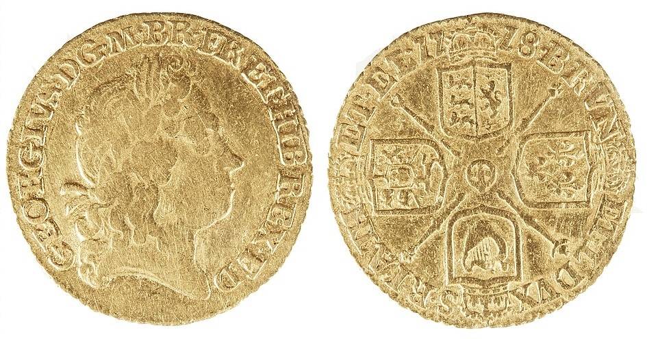 Een Engelse gouden munt uit 1718 met de afbeelding van George I, vergelijkbaar met de in Ellerby gevonden exemplaren 