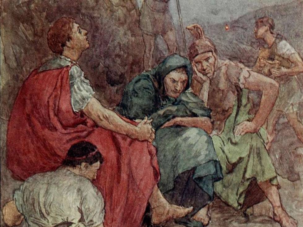 Illustratie van Brutus en zijn volgelingen na de Slag bij Philippi, uit een schoolboek (1900)