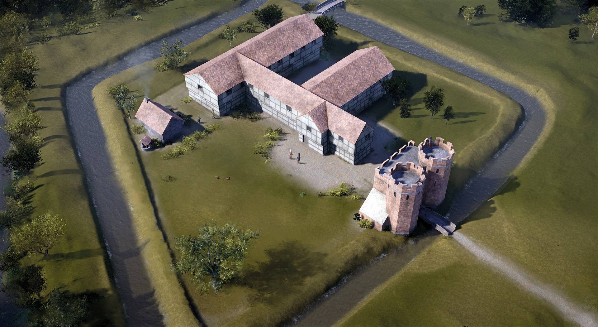 Digitale reconstructie van hoe Coleshill Manor en de torens er vermoedelijk uit hebben gezien