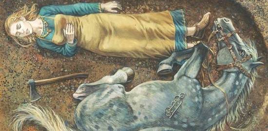 Geïllustreerde reconstructie van een graf van een vrouw en een paard