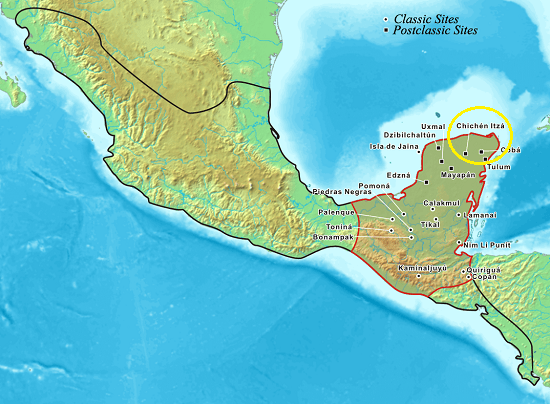 Kaart van het Centraal-Amerikaanse vasteland. Het rode gebied markeert de verspreiding van de Mayabeschaving voor de achtste eeuw. De ligging van Chichén Itzá is geel omcirkeld.