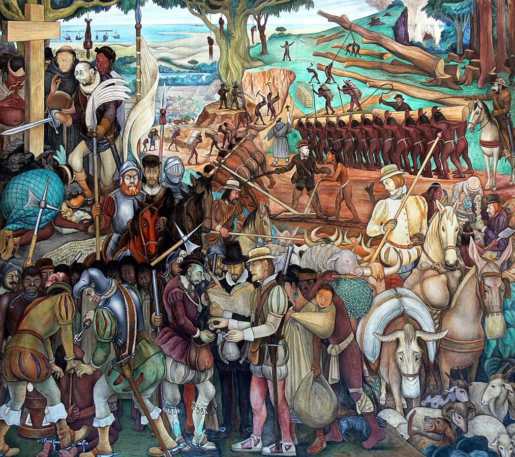 De verovering van Tenochtitlan door de Conquistadores, geschilderd door Diego Rivera (1945)