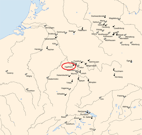 Een overzicht van de paltsen in het Frankische Rijk. De ligging van Ingelheim am Rhein is rood omcirkeld