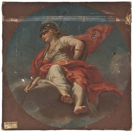 Afbeelding van Athena, voorzien van haar legeruitrusting, in de achttiende eeuw gemaakt door de Italiaanse artiest Tommaso Conca.