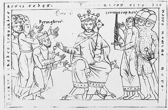 Otto I (midden) na zijn verovering van Noord-Italië. Afbeelding uit de kronieken van de Beierse bisschop Otto van Freising uit 1177. 