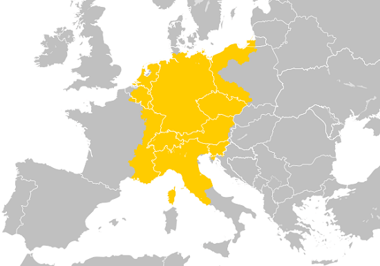 Kaart van het Heilige Roomse Rijk op zijn hoogtepunt, rond 1200.