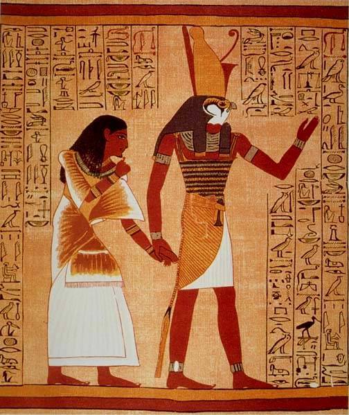 Horus (r), afgebeeld in de Papyrus van Ani uit de dertiende eeuw voor Christus