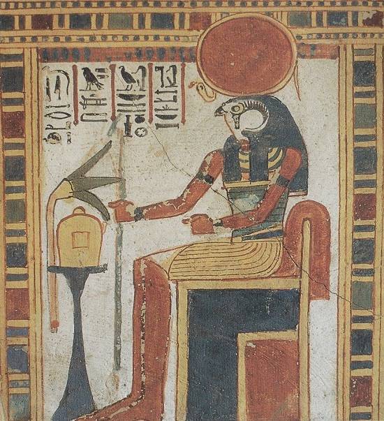 Ra zittend op een troon met een zonneschijf op zijn hoofd. Afbeelding op een tombe uit de dertiende eeuw voor Christus